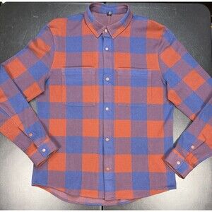 Lululemon Mens Large Blue Red Plaid Soft Knit Overshirt Long Sleeve Button Up